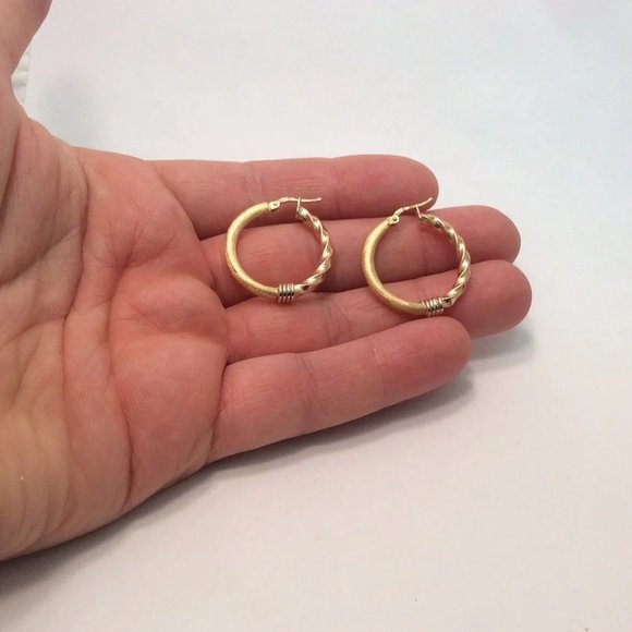 18K YELLOW Solid Real GOLD POLISHED PLAIN TWISTED HOOPS HOOP EARRINGS 1'' - Picture 7 of 8